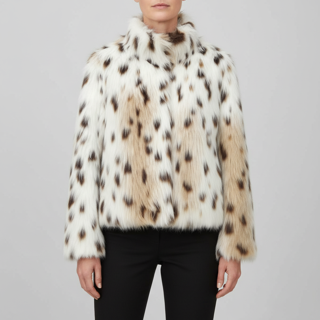 Nancy – Kunstfelljacke in Elfenbein mit Leopardenmuster (Bild 1)